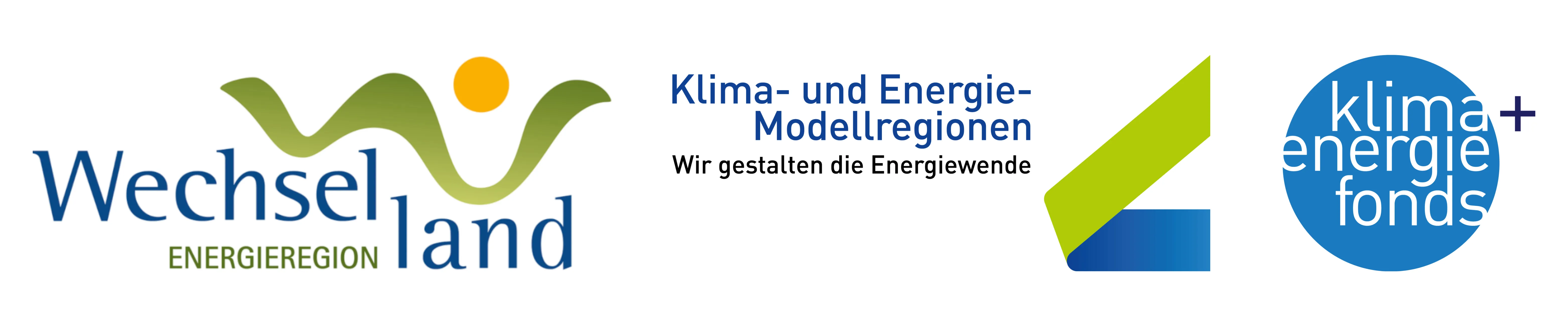 Blauer Text auf weißem Hintergrund: Klima- und Energie Modellregion. Darunter steht Wir gestalten die Energie.