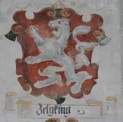 Ein altes Gemälde an der Wand zeigt einen roten Schild mit einem weißen Löwen darauf. Unter dem Schild steht in Schwarz der Name 'Briglining' geschrieben.