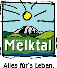 Logo der Region Melktal, mit Sonne, Bergen und grünen Feldern, der Slogan lautet 'Alles für's Leben'.