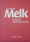 Die Vorderseite eines Buches mit dem Titel Der Bezirk Melk, ein rotes Buch mit weißen Schriftzeichen.