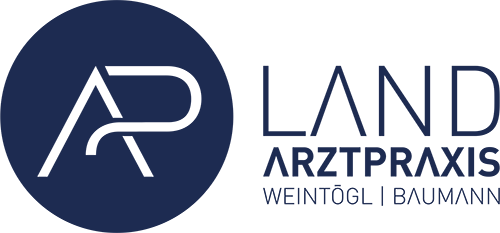 Das Logo zeigt einen blauen Kreis mit einem stilisierten 'AR' darin. Daneben steht der Text 'LAND ARZTPRAXIS WEINTÖGL I BAUMMANN' in weiß. Das Design ist modern und klar.