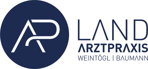 Das Logo zeigt einen blauen Kreis mit einem stilisierten 'AR' darin. Daneben steht der Text 'LAND ARZTPRAXIS WEINTÖGL I BAUMMANN' in weiß. Das Design ist modern und klar.