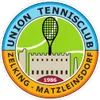 Das Logo des Union Tennis Clubs Matzleinsdor zeigt einen Tennisschläger mit einem Tennisball, einer Burg und dem Jahr 1986.