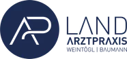 Das Logo für Land Arztpraxis Weintögl i Baumann, mit einem blauen Kreis, einem stilisierten 'AR' und weißem Text.