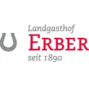 Das Bild zeigt das Logo des Landgasthofs ERBER, gegründet 1890, mit einem Hufeisensymbol und dem Markennamen in fetter roter Schrift.