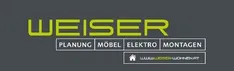 Das Bild zeigt das Logo von Weiser mit dem Wort 'Weiser' in Gelb und darunter 'PLANUNG, MÖBEL, ELEKTRO, MONTAGEN'. Ein Haussymbol und die Website www.weiser-wohnen.at sind ebenfalls vorhanden.