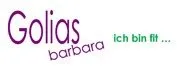 Das Bild zeigt das 'Golias Barbara' Logo. Es ist überwiegend weiß mit einem lila 'Golias' Text und einem grünen 'Ich bin fit' Untertitel. Das Design ist elegant und modern.