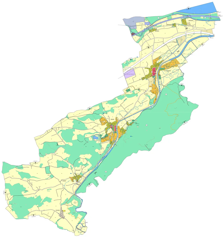 Eine Karte, die verschiedene Regionen mit unterschiedlich gefärbten Bereichen zeigt, die verschiedene Landnutzungsarten darstellen. Grün steht für natürliche Gebiete, Gelb und Orange für landwirtschaftliche Flächen und Rot und Lila für städtische Gebiete.