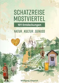 Ein Werbeplakat für 'Schatzreise Mostviertel' mit 101 Entdeckungen, das Natur, Kultur und Genuss präsentiert. Verschiedene Illustrationen zeigen einen Mann, ein Schaf, ein Bierglas und weitere Elemente.