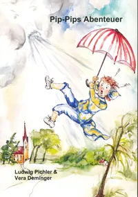 Ein Aquarell zeigt ein fliegendes Kind, das einen roten Regenschirm hält, vor einem bewölkten Himmel und einem Dorf mit einer Kirche im Hintergrund.