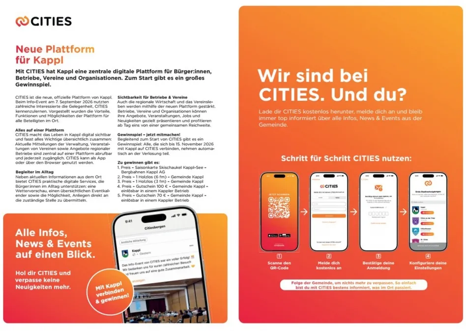 Eine Werbung für die CITYS-Plattform, die ihre Funktionen und Vorteile für Kappl-Bewohner und Organisationen präsentiert.