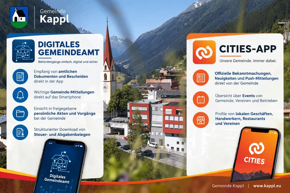 Ein Plakat, das die Digitales Gemeindeamt App bewirbt, mit einer Berglandschaft, einer Kirche und einem modernen Gebäude.