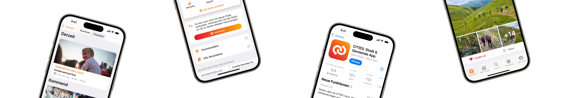 Zwei Smartphones zeigen App-Oberflächen; eines zeigt eine Reise-App mit Optionen wie 'Verbinden' und 'Tourismusbüro', das andere zeigt eine Stadt-App mit Symbolen für 'Suchen', 'Bewertungen' und 'Alter'.
