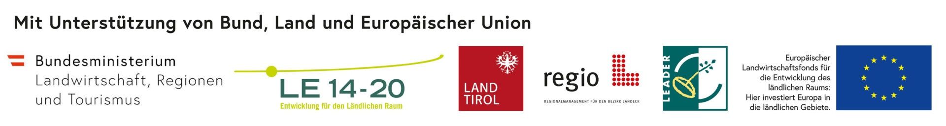 Ein Werbegrafik für das Land Tirol und die Europäische Union, mit Logos und dem Text 'LE 14-20' und 'Land Tirol'. Das Grafik enthält auch das 'regio' Logo.