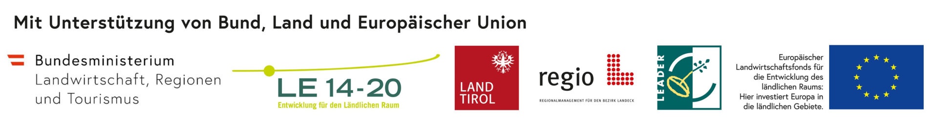 Ein Werbegrafik für das Land Tirol und die Europäische Union, mit Logos und dem Text 'LE 14-20' und 'Land Tirol'. Das Grafik enthält auch das 'regio' Logo.