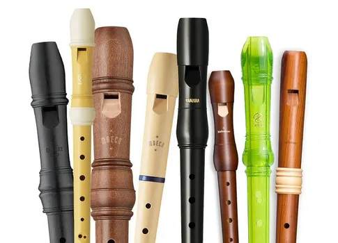 Eine Sammlung verschiedener Holz- und Kunststoffflöten, die auf einem weißen Hintergrund angeordnet sind. Die Flöten sind in verschiedenen Farben und Größen, einschließlich schwarz, braun, gelb und grün.