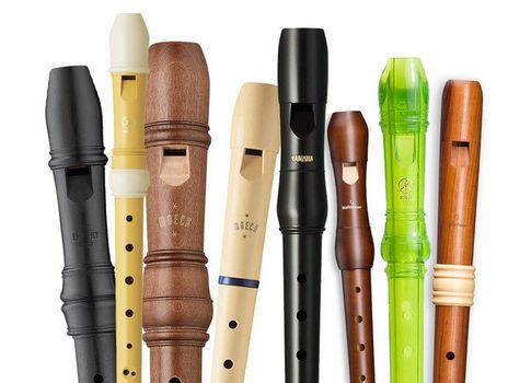 Eine Sammlung verschiedener Holz- und Kunststoffflöten, die auf einem weißen Hintergrund angeordnet sind. Die Flöten sind in verschiedenen Farben und Größen, einschließlich schwarz, braun, gelb und grün.