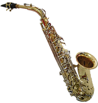 Ein goldenes Saxophon mit schwarzem Mundstück und silbernen Tasten wird vor schwarzem Hintergrund gezeigt.