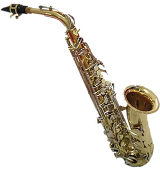 Ein goldenes Saxophon mit schwarzem Mundstück und silbernen Tasten wird vor schwarzem Hintergrund gezeigt.