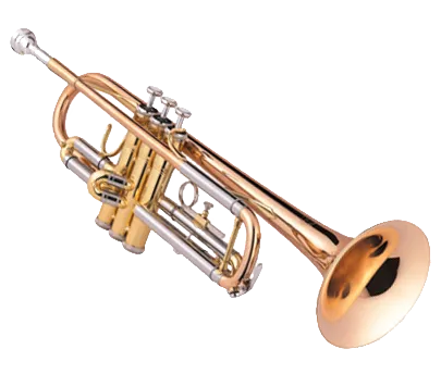 Eine glänzende goldene Trompete mit silbernen Akzenten wird vor schwarzem Hintergrund dargestellt. Die Trompete hat eine polierte Oberfläche und feine Details.