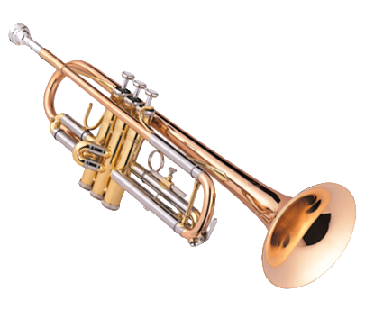 Eine glänzende goldene Trompete mit silbernen Akzenten wird vor schwarzem Hintergrund dargestellt. Die Trompete hat eine polierte Oberfläche und feine Details.