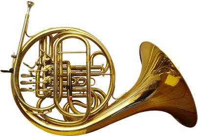 Ein goldener französischer Horn mit komplizierten Designs und polierter Oberfläche wird vor schwarzem Hintergrund dargestellt.