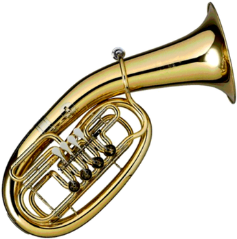 Eine goldene Blechblasinstrument mit glänzendem Finish, mit einer großen Glocke und einer Reihe von Ventilen. Das Instrument ist vor einem schlichten weißen Hintergrund dargestellt.