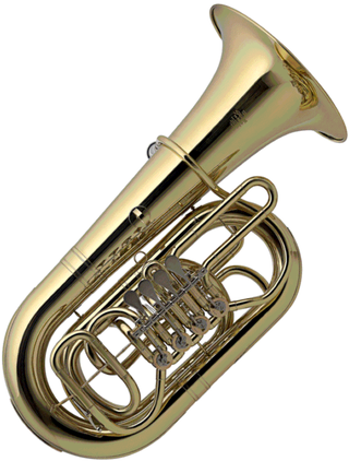 Eine goldene Messingtuba mit glänzendem Finish, mit großer Glocke und kompliziertem Ventilmechanismus, auf weißem Hintergrund dargestellt.