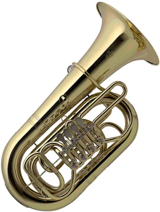 Eine goldene Messingtuba mit glänzendem Finish, mit großer Glocke und kompliziertem Ventilmechanismus, auf weißem Hintergrund dargestellt.