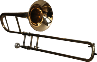 Ein glänzendes Posaune mit goldener Oberfläche und schwarzem Hintergrund. Die Posaune hat einen Schieber und eine Glocke.