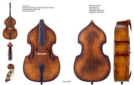 Eine Sammlung von vier Bildern, die einen Vintage-Kontrabass mit detaillierten Spezifikationen zeigt. Das erste Bild zeigt den gesamten Körper des Bass, das zweite Bild konzentriert sich auf den Körper, das dritte Bild zeigt die Rückseite des Bass und das vierte Bild zeigt den Hals und den Kopf des Bass.