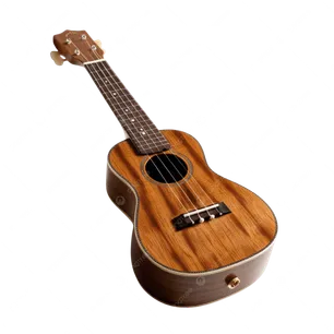 Ein kleines braunes Ukulele mit einem schwarzen Griffbrett wird vor einem schwarzen Hintergrund gezeigt.