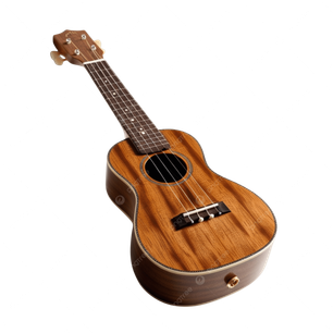 Ein kleines braunes Ukulele mit einem schwarzen Griffbrett wird vor einem schwarzen Hintergrund gezeigt.
