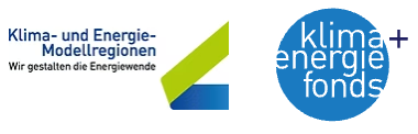 Das Bild zeigt das Logo für Klima- und Energie-Modellregionen. Es zeigt ein stilisiertes blau-grünes 'A' mit einem blauen Balken unten, vor weißem Hintergrund. Darunter steht 'Wir gestalten die Energiewende.'