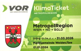 Das KlimaTicket ist vom 1. April 2022 bis 31. März 2024 in der Metropolregion Wien, Niederösterreich und Burgenland gültig. Das Bild zeigt das Wappen von Ferto.