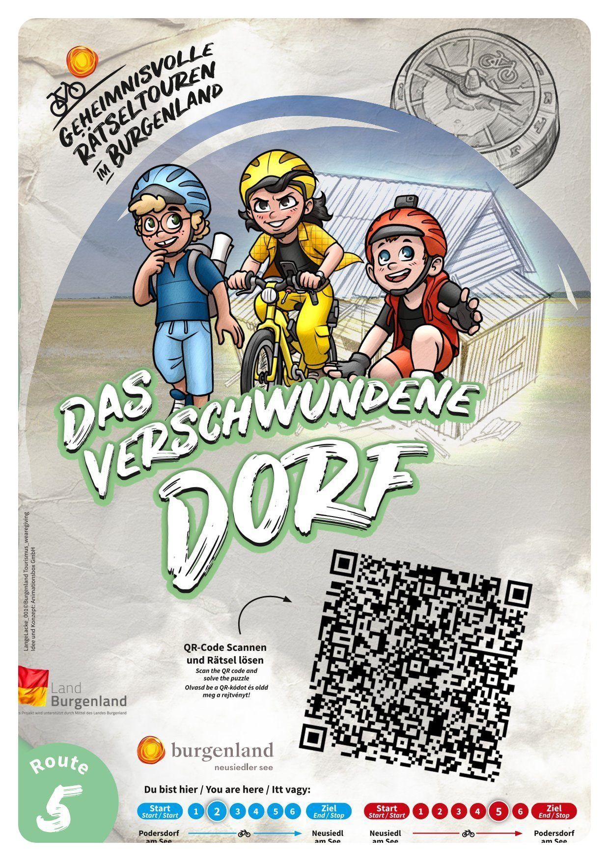 Plakat mit drei Kindern auf Fahrrädern, Helme auf, eines mit Brille. Text lautet 'DAS SCHWUNDENE VERSCHWUNDERNE Dorf'. QR-Code rechts zum Lösen der Rätsel.