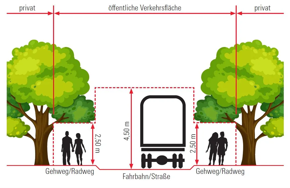 Eine Illustration, die die Abmessungen öffentlicher Verkehrsflächen mit einem Bus in der Mitte zeigt, umgeben von Bäumen und Gehwegen. Der Bus ist 4,50 Meter breit und 2,50 Meter hoch.