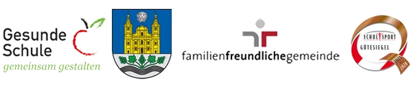 Auf schwarzem Hintergrund sind mehrere Logos zu sehen: 'Gesunde Schule' mit einem Apfelsymbol, ein Kirchturm, 'familienfreundliche gemeinden' und ein rundes Logo mit 'SCHULSPORT GUTESIEGEL'.