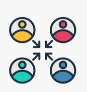 Vier runde Symbole mit verschiedenen Farben und Pfeilen, die in die Mitte zeigen.