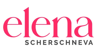 Das Logo für Elena Scherschneva zeigt ein fettes rotes 'E' mit einem einzigartigen Design, gefolgt vom Namen in roten Kleinbuchstaben. Darunter steht 'SCHERSCHNE' in Schwarz.