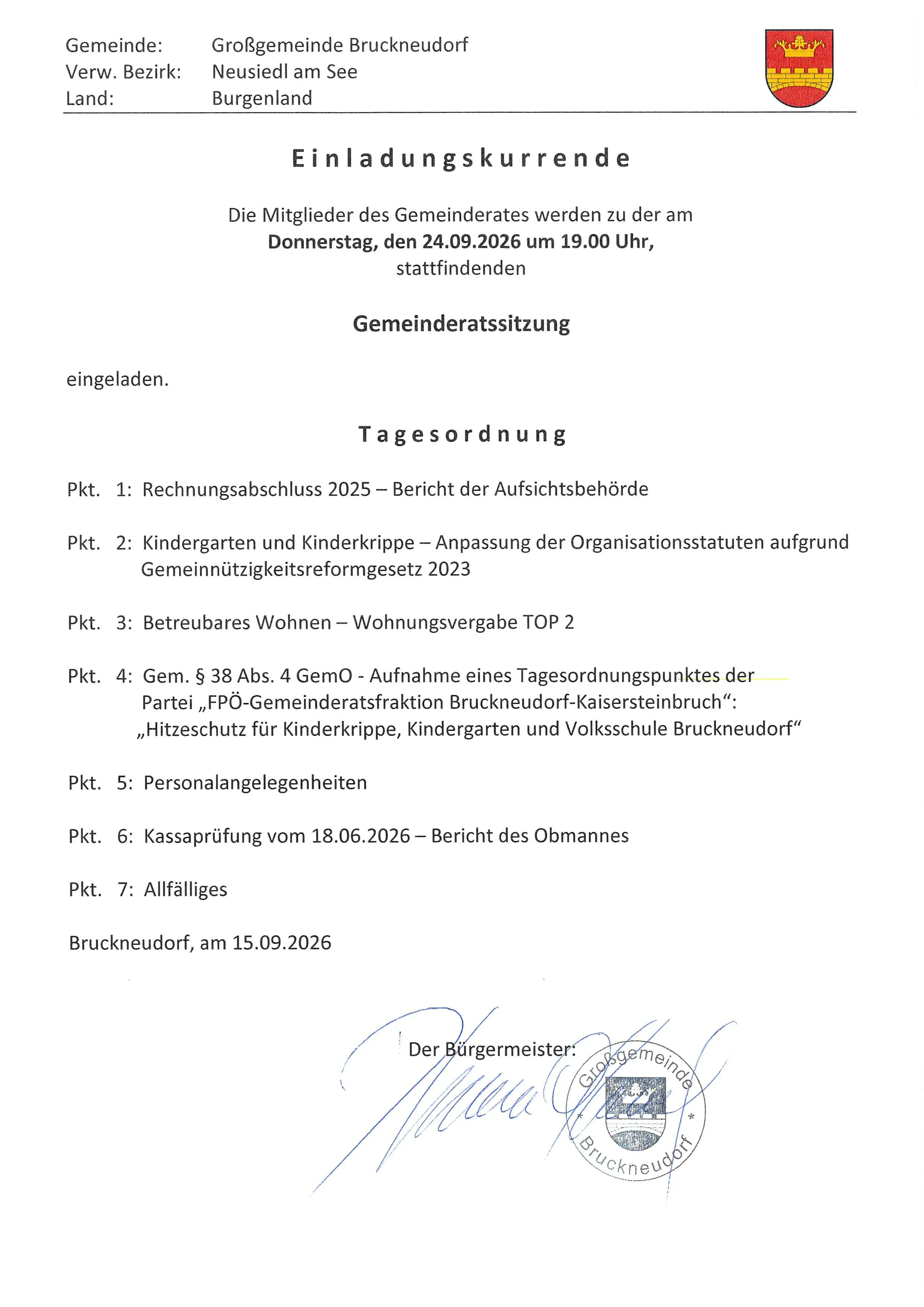 Die Tagesordnung der Gemeinderatssitzung am 24.09.2026 umfasst den Rechnungsabschluss 2025, Anpassungen von Kindergarten und Kinderkrippe, Wohnraum und weitere Punkte.