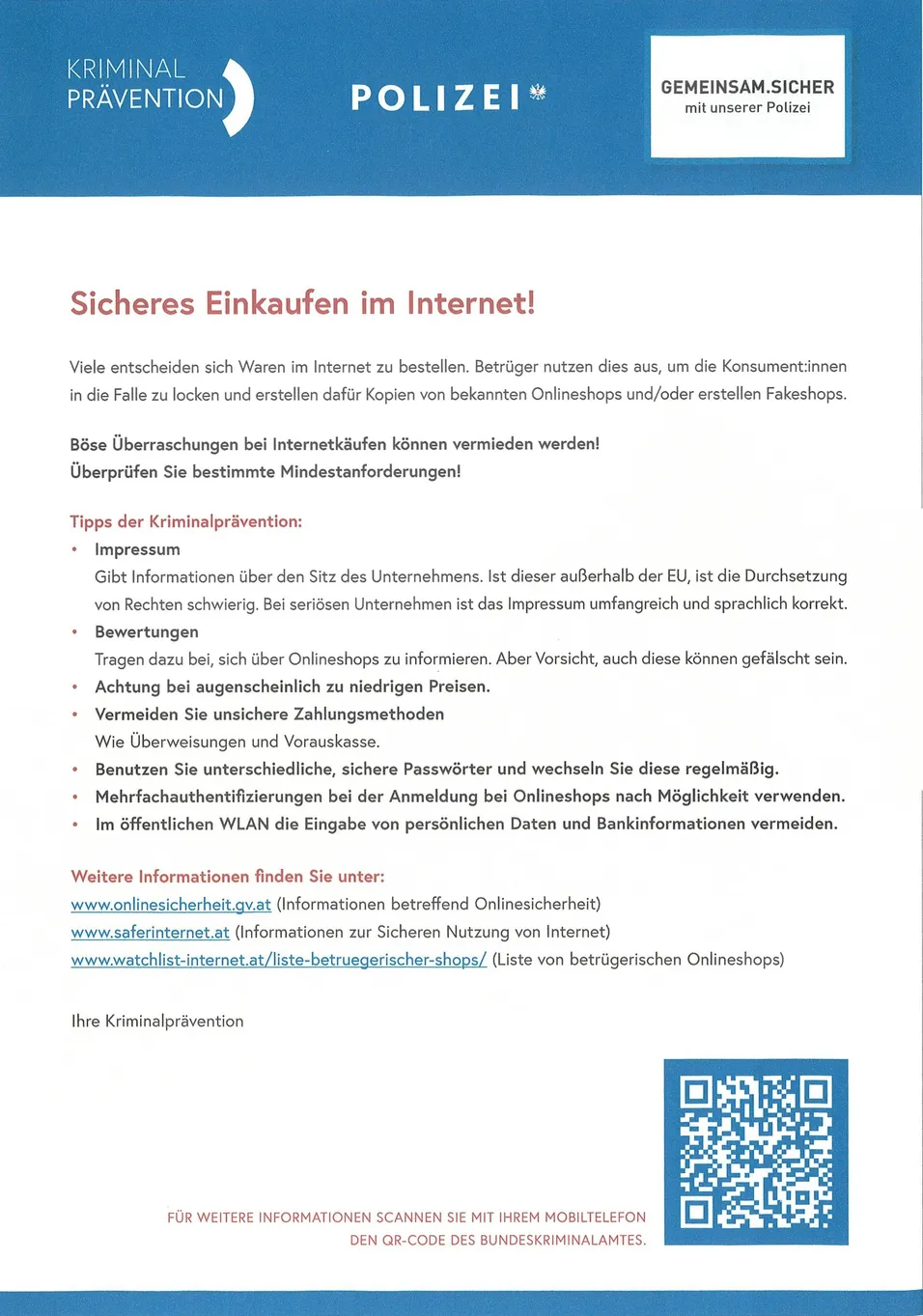 Ein Flyer mit dem Titel 'Sicheres Einkaufen im Internet!' bietet Sicherheitstipps für Online-Einkäufe. Es hebt die Überprüfung der Firmenadresse, die Vermeidung verdächtiger Zahlungsmethoden, die Verwendung verschiedener Passwörter und die Vermeidung der Eingabe persönlicher Daten über öffentliches WLAN hervor.