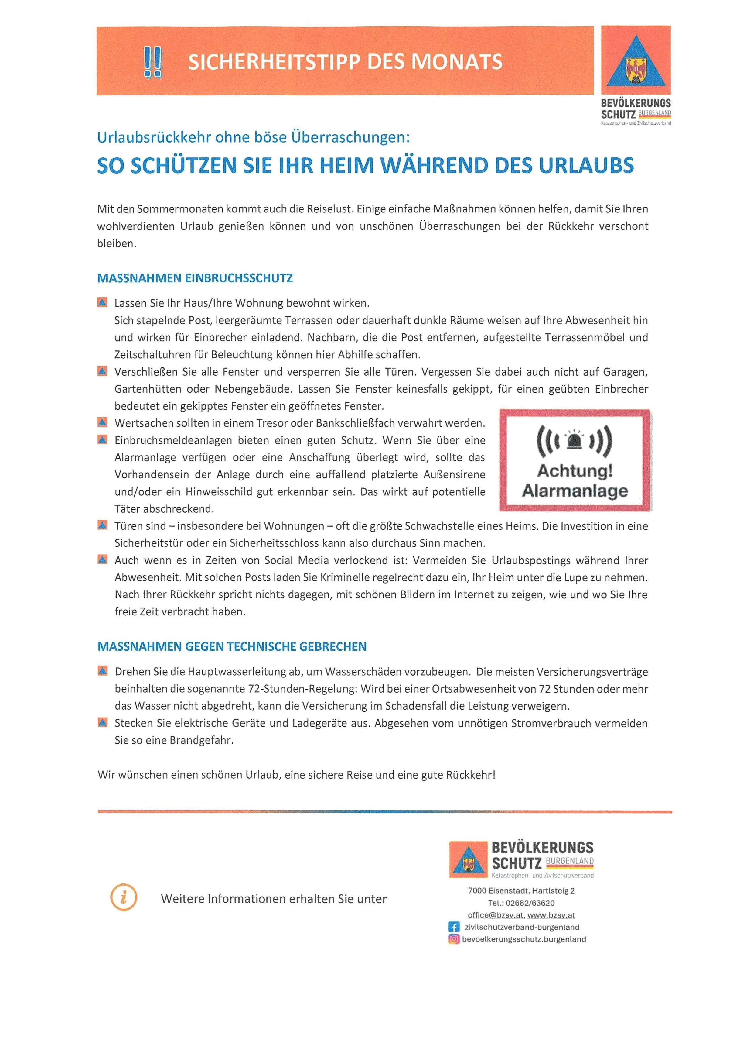 Das Bild gibt Tipps zum Schutz des eigenen Zuhauses während des Urlaubs. Es beinhaltet Ratschläge wie das Verschließen von Fenstern und Türen, das Abstellen von Wasser und das Vermeiden von Urlaubsplänen in sozialen Medien. Es berät auch zur Sicherung elektrischer Geräte und zur Investition in Haussicherheitsfunktionen.