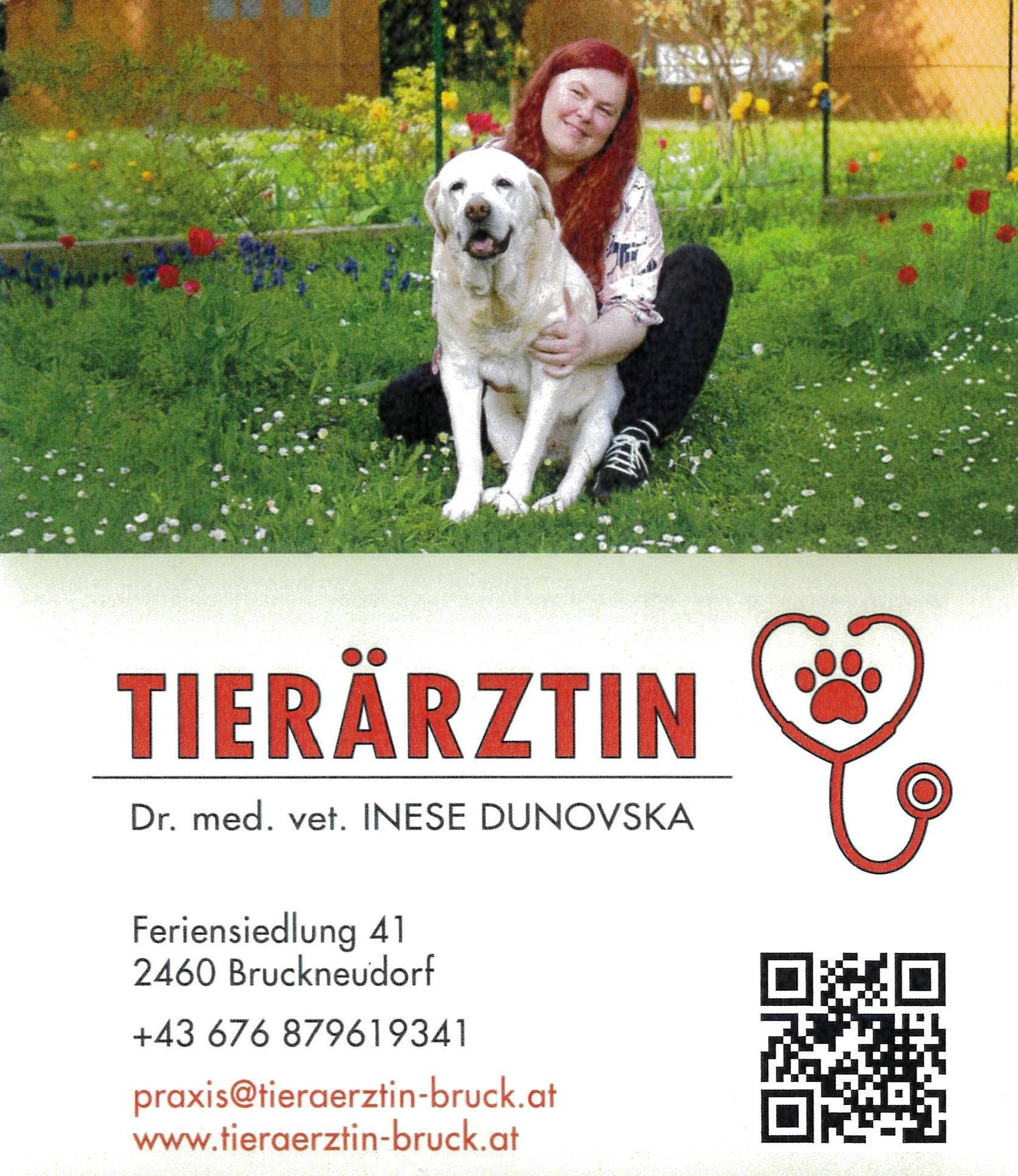 Eine lächelnde Frau mit roten Haaren hält einen weißen Hund in einem Garten mit Blumen. Unten befindet sich die Visitenkarte einer Tierärztin für Dr. med. vet. Inese Dunovska, einschließlich Adresse, Telefonnummer und QR-Code.