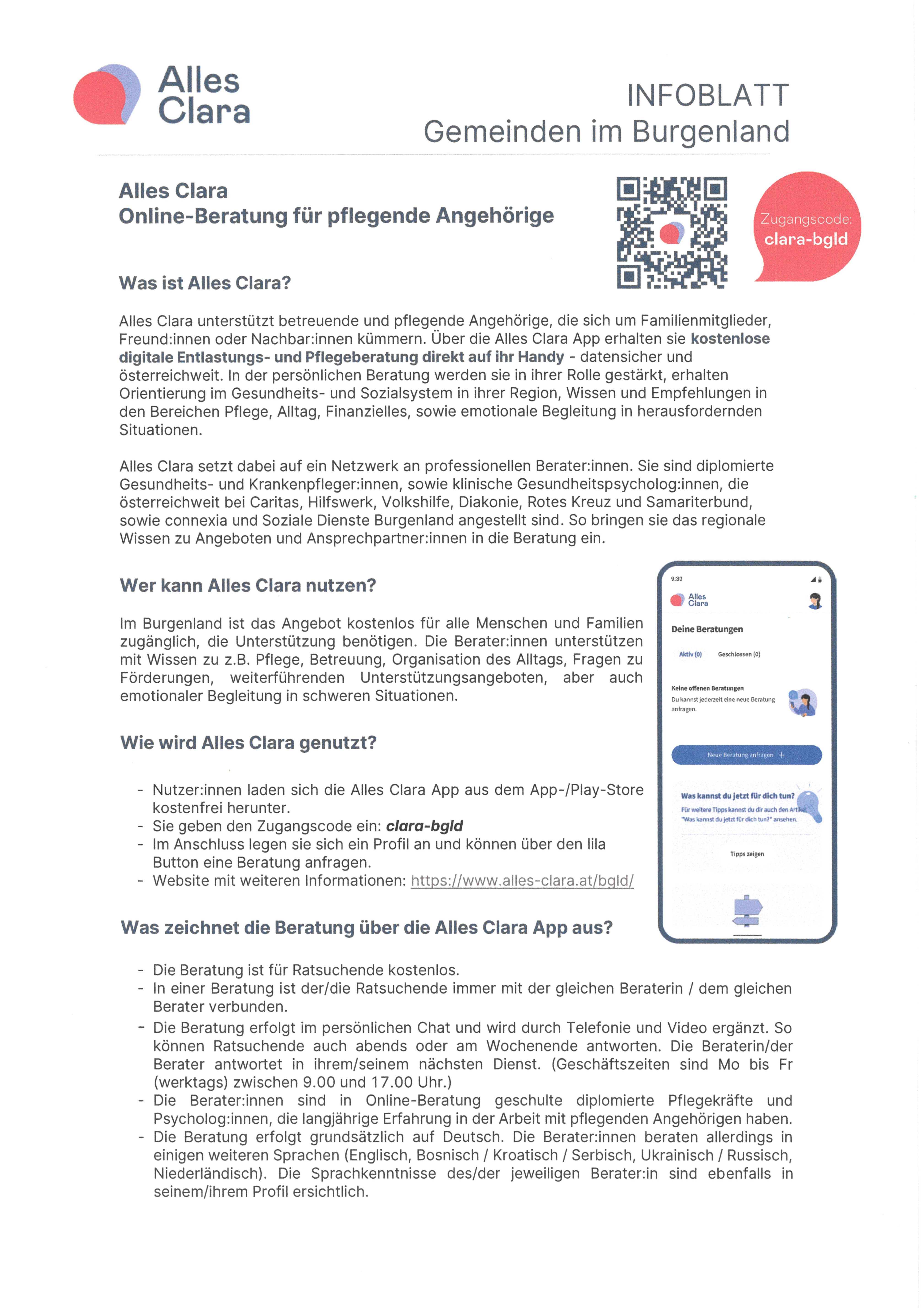 Das Bild zeigt ein Dokument über 'Online-Betreuung für pflegende Angehörige', das erläutert, wie Alles Clara Familienmitglieder oder Freunde unterstützt, die Angehörige pflegen. Es beschreibt die Funktionen der App, die Berechtigung und den Zugang zum Service. Es werden auch die Qualifikationen der professionellen Berater und die Vorteile der App dargelegt.