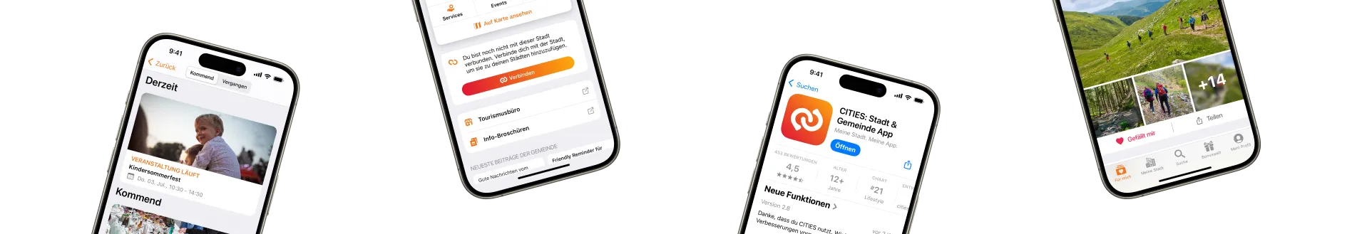 Zwei Smartphones zeigen eine Reise-App-Oberfläche. Das linke Telefon zeigt ein Menü mit Optionen wie 'Verbinden' und 'Tourismusbüro'. Das rechte Telefon zeigt eine Suchleiste mit 'Städte & Gemeinden App' und einer Bewertung von 4,5 Sternen.