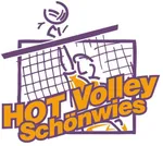 Ein Logo für ein Volleyball-Team namens HOT Volley Schönwies. Das Logo zeigt ein stilisiertes Volleyballnetz mit einem Ball in der Luft und einem Spieler, der springt, um ihn zu schlagen.