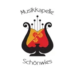 Das Logo für Musikkapelle Schonwies zeigt eine stilisierte Leier mit einer roten und gelben Blume in der Mitte, umgeben von schwarzen Punkten, auf weißem Hintergrund.