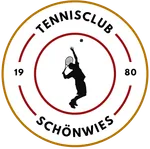Ein Logo für Tennisclub Schönwies. Es zeigt eine Silhouette eines Tennisspielers, der einen Ball mit einem Tennisschläger schlägt.