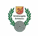 Das Logo der Schützengilde Schönwies zeigt einen Schild mit rotem und gelbem Hintergrund, verziert mit einem Blumendesign. Es ist von zwei grünen Blättern umgeben und hat ein kreisförmiges Ziel in der Mitte.